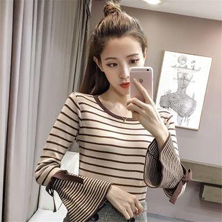 Bell-sleeve Striped Bow Accent Knit Top