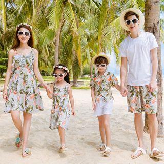Family Matching Leaf Print Sleeveless Ruffled Dress/ Short-sleeve Floral Print Shirt/ Short-sleeve Plain T-shirt/ Drawstring Shorts