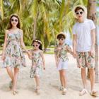 Family Matching Leaf Print Sleeveless Ruffled Dress/ Short-sleeve Floral Print Shirt/ Short-sleeve Plain T-shirt/ Drawstring Shorts