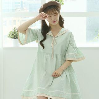 Sailor Collar Bell-sleeve Dress Mint Green - One Size