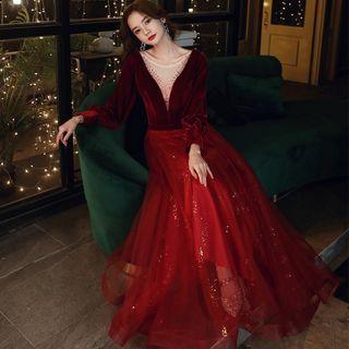 Long-sleeve Panel Mesh A-line Evening Gown