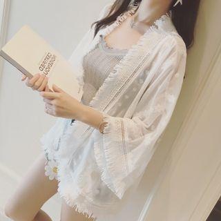 Bell-sleeve Fray Hem Open-front Chiffon Jacket