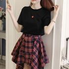 Set: Heart Embroidered Short-sleeve T-shirt + Plaid A-line Skirt