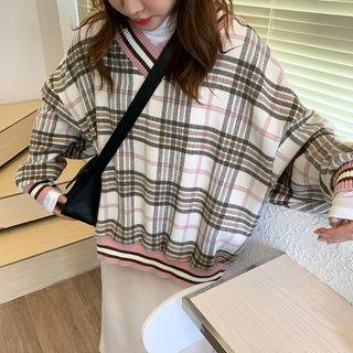 Long-sleeve Plaid Sweatshirt / Mock Neck Plain Top