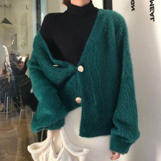 V-neck Puff-sleeve Cardigan Sweater