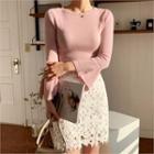 Round-neck Bell-sleeve Knit Top Pink - One Size