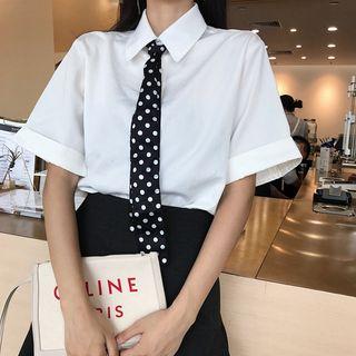 Plain Short-sleeve Shirt With Neck Tie White - One Size