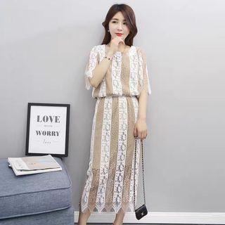 Set: Short-sleeve Lace Top + Lace Midi Skirt