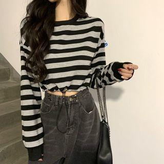 Drawstring-hem Striped Cropped Sweatshirt