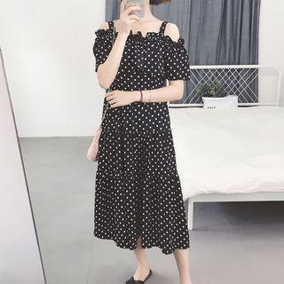 Dotted Off Shoulder Short Sleeve Midi Dress