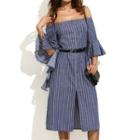 Elbow-sleeve Slit-front Striped A-line Dress