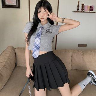 Short-sleeve Applique Collared T-shirt