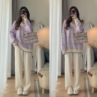 Plaid Sweater / Straight-leg Pants / Set