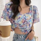 Short-sleeve Color Block Cropped Blouse Blue & Purple & Orange - One Size