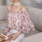 Floral Print Off Shoulder Elbow Sleeve Chiffon Blouse