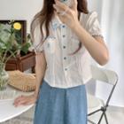 Short-sleeve Contrast Trim Ruffled Shirt As Shown In Figure - One Size