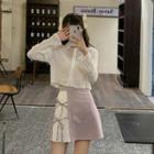 Plain Button-up Cropped Shirt / High-waist Two Tone Pleated Bow A-line Skirt