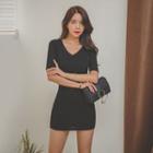 V-neck Short-sleeve Mini Bodycon Dress