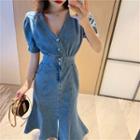 Balloon-sleeve Midi A-line Denim Dress