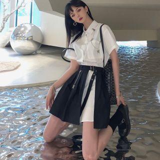 Short-sleeve Shirt / Asymmetric Pleated A-line Skirt