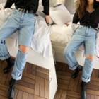 Slit-trim Washed Wide-leg Jeans