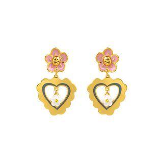 Elegant And Romantic Plated Gold Flower Heart-shaped Enamel Earrings Golden - One Size