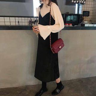 Mock-neck Long-sleeve Top / V-neck Midi Spaghetti Strap Dress