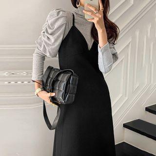 Puff-sleeve Turtleneck Top / Midi A-line Overall Dress