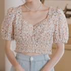 Puff-sleeve Square Neck Floral Print Cropped Top