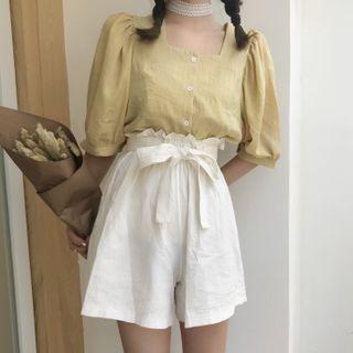 Elbow-sleeve Square-neck Blouse / Wide-leg Shorts