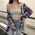 Long Sleeve Plaid Shirt / Cropped Tank Top