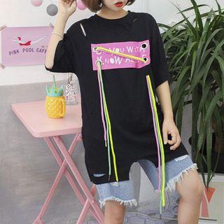 Lacing Detail Ripped Short-sleeve T-shirt