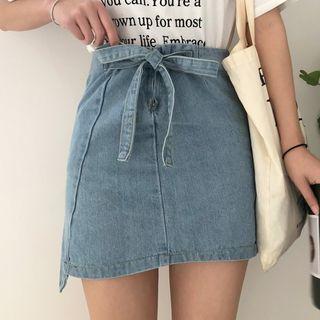 Tie-front A-line Denim Skirt
