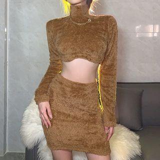 Set: Long-sleeve Turtleneck Fluffy Crop Top + Mini Fitted Skirt