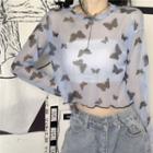 Long-sleeve Butterfly Print Mesh T-shirt Sky Blue - One Size