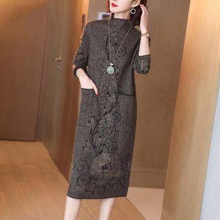 Long-sleeve Floral Mock-neck Midi Dress