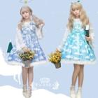 Cloud Print Spaghetti Strap A-line Dress / Bow Hair Clip / Set