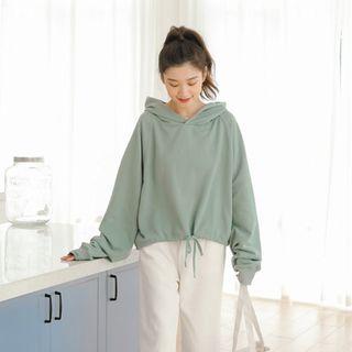 Long-sleeve Drawstring Plain Hooded Pullover