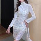 Set: Mock-neck Top + Glitter Strappy A-line Dress