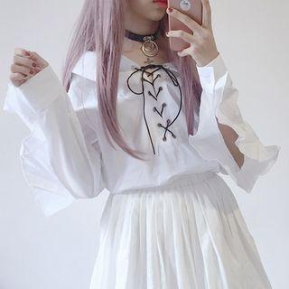 Lace Up Front Ruffle Trim Shirt