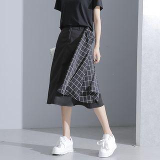 Plaid-panel A-line Midi Skirt