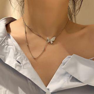 Butterfly Rhinestone Layered Alloy Choker Silver - One Size