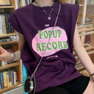 Sleeveless Shoulder Padded Lettering T-shirt Purple - One Size
