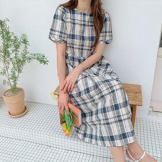 Tie-waist Linen Blend Plaid Dress