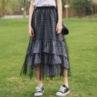 Plaid A-line Mesh Overlay Tiered Skirt
