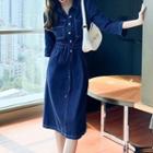 3/4-sleeve Henley Midi Denim Shirt Dress