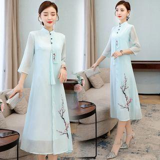 Tree Print 3/4-sleeve Midi Shift Dress