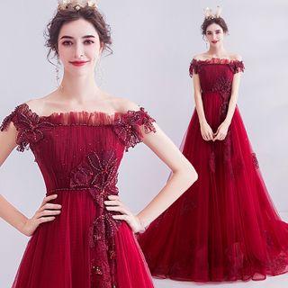 Off-shoulder Embellished Mesh A-line Gown