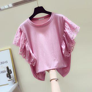 Eyelet Lace Ruffle-hem Short-sleeve Top