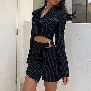 Set: Striped Long Sleeve Crop Blazer Top+ Miniskirt